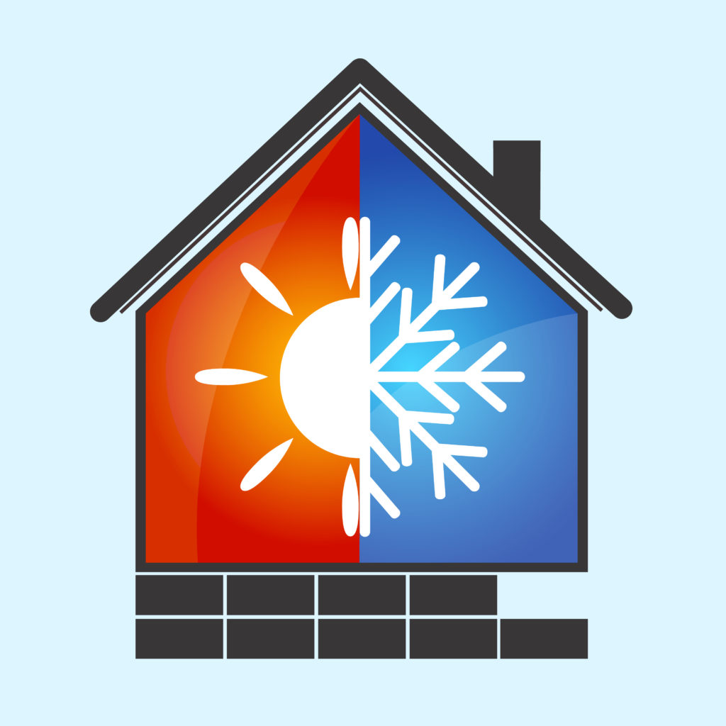 A graphic of a home with a sun symbol on one side and a snowflake symbol on the other.